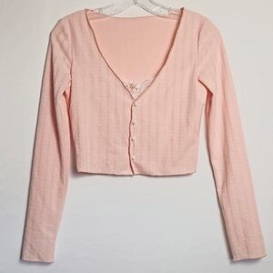 Juniors Small Button Crop Sweater with Lace Insert T8